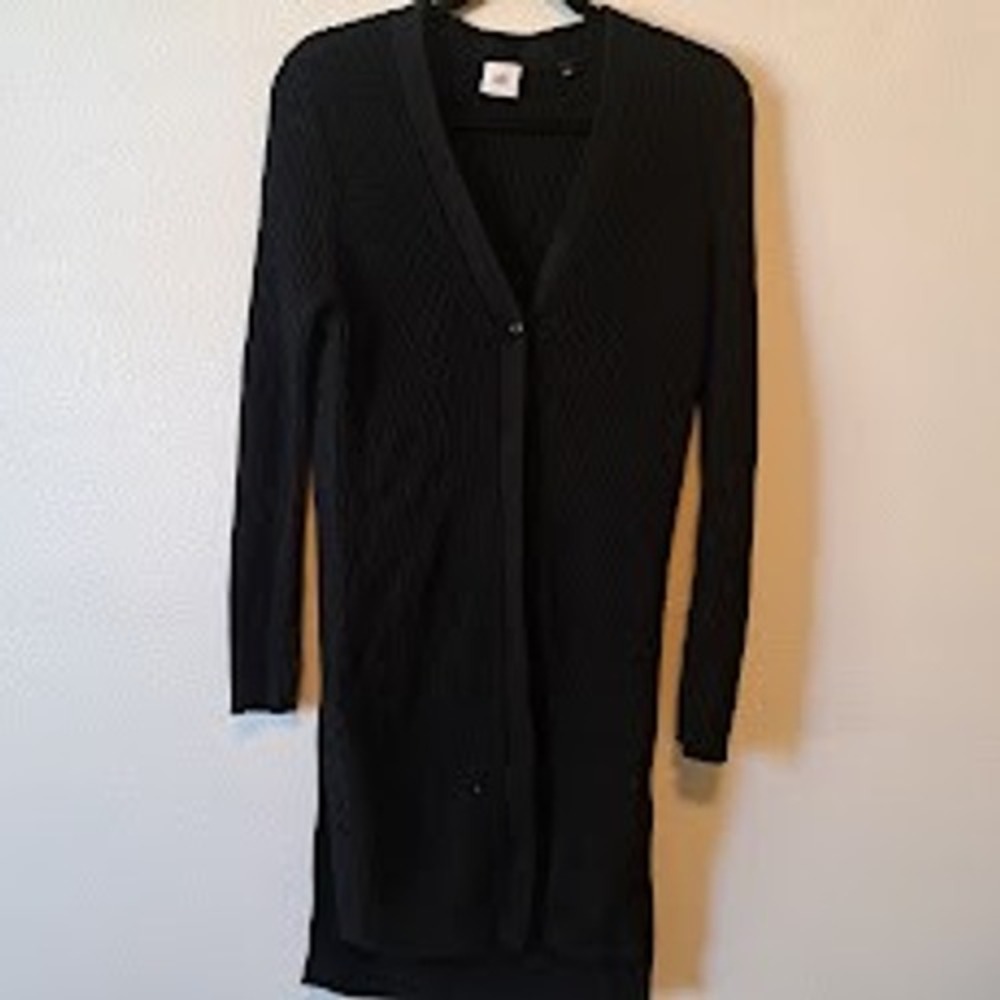 Cabi Black Longline Ribbed Cardigan Sweater Duster V-Neck Single Button‎ Small